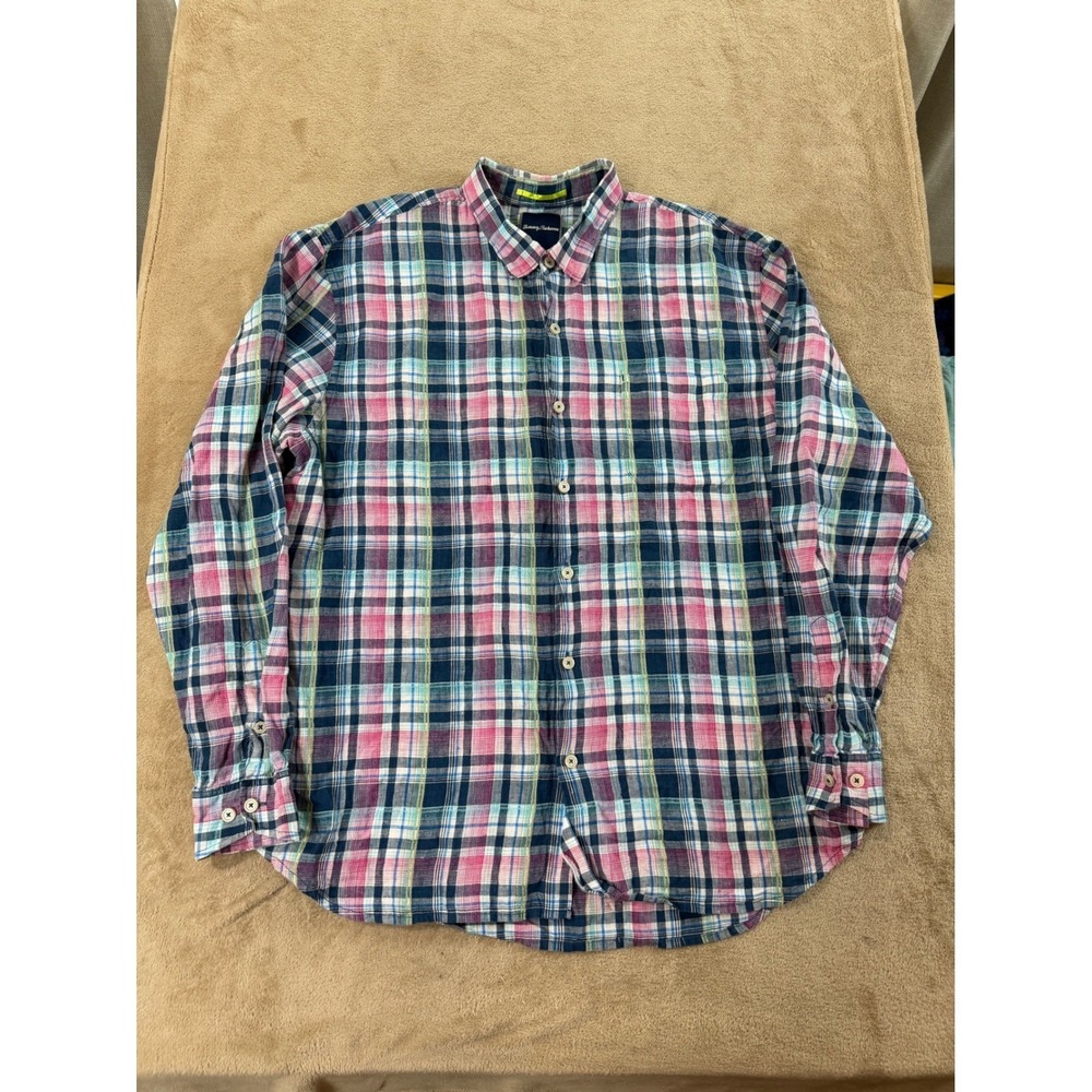Tommy Bahama shirt Mens 2XL Blue Pink Linen Plaid Button Front Long Sleeve EUC